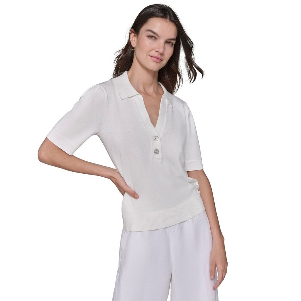 KARL LAGERFELD PARIS Women's Short-Sleeve Polo Sweater Ivory Size M MSRP $79